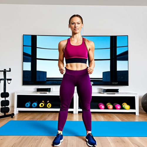 A professional female fitness coach in modern, modest athletic wear, demonstrating a workout virtually on a large screen in a sleek, brightly lit home gym studio. The coach is fully clothed, appropriate attire, engaged in an online consultation, surrounded by contemporary fitness equipment. The image has perfect anatomy, correct proportions, a natural pose, well-formed hands, and proper finger count. It is a high-quality professional photograph, safe for work, appropriate content, and family-friendly.