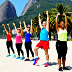 Group Fitness Class in Rio de Janeiro**

"A dynamic group fitness class taking place on Copacabana Beach in Rio de Janeiro, Brazil. Participants are fully clothed in colorful athletic wear, performing a Zumba routine led by an enthusiastic instructor. Palms trees, Sugarloaf Mountain in the background. Bright sunny day, professional photography, perfect anatomy, natural proportions, safe for work, appropriate content, fully clothed, family-friendly."

**