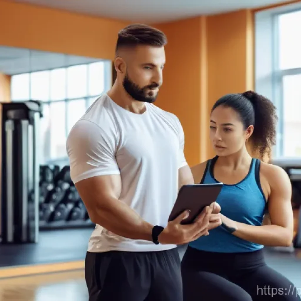 스포츠 트레이너의 운동 테스트 설계 - **Image Prompt: Empathetic Initial Fitness Assessment**
"A male personal trainer in his late 30s...