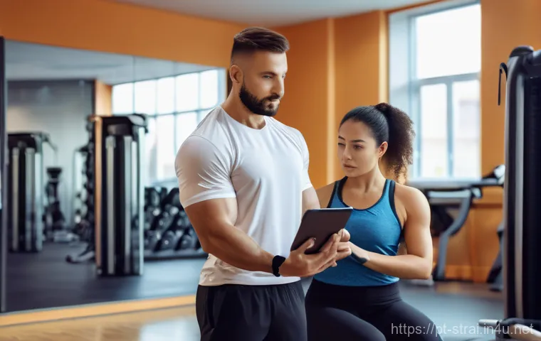 스포츠 트레이너의 운동 테스트 설계 - **Image Prompt: Empathetic Initial Fitness Assessment**
    "A male personal trainer in his late 30s...