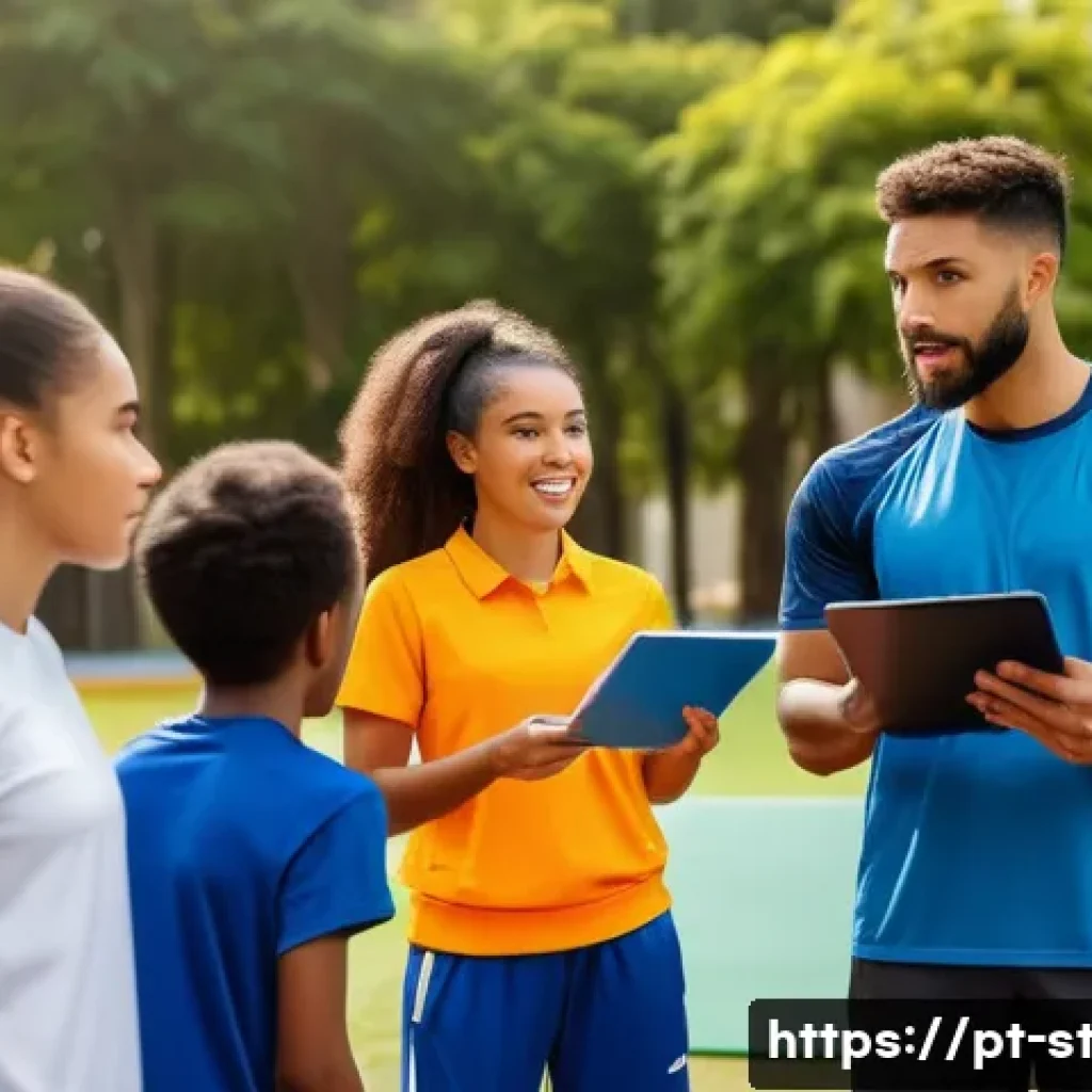 스포츠 트레이너 업무 평가 지표 - A dynamic sports coach giving clear and motivating instructions to a diverse group of young athletes...