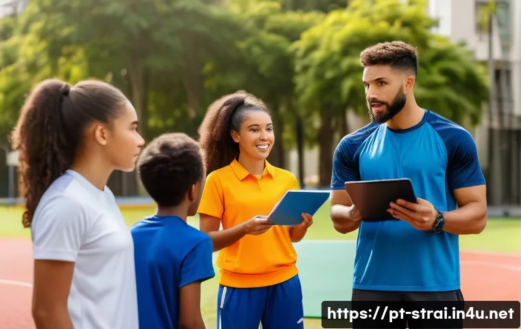 스포츠 트레이너 업무 평가 지표 - A dynamic sports coach giving clear and motivating instructions to a diverse group of young athletes...