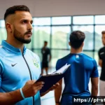 Home 21 스포츠 트레이너 직업 만족도 설문 결과 분석 - A dedicated Brazilian sports coach in a modern indoor training facility, wearing professional athlet...