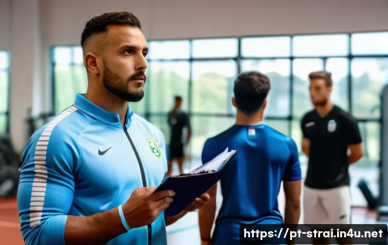 스포츠 트레이너 직업 만족도 설문 결과 분석 - A dedicated Brazilian sports coach in a modern indoor training facility, wearing professional athlet...