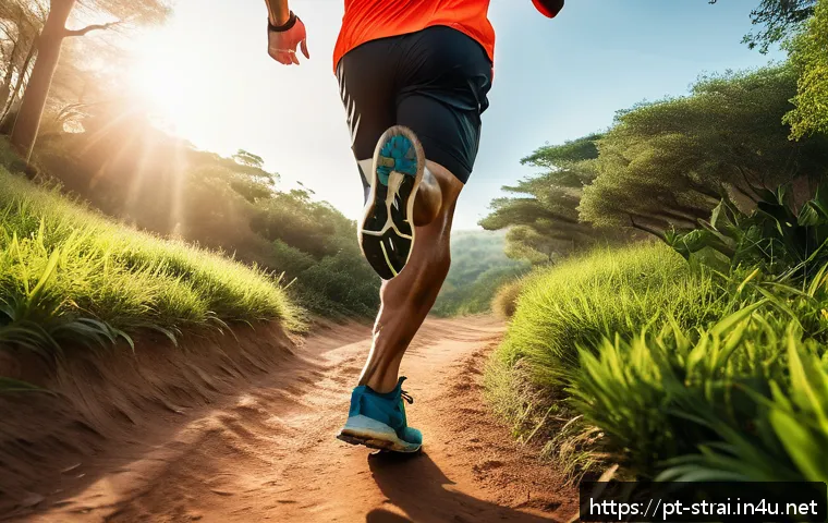 스포츠 트레이너 고객 유형별 맞춤 전략 - A focused endurance athlete running on a scenic outdoor trail during early morning, wearing appropri...