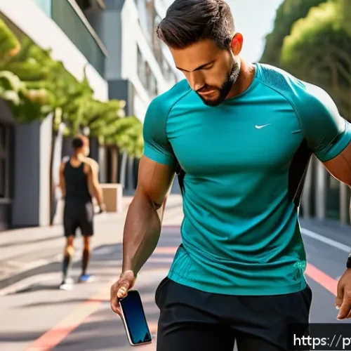 Home 16 스포츠 트레이너가 배워야 할 최신 트레이닝 기법 - A modern fitness coach monitoring an athlete’s real-time biometric data using a sleek smartwatch and...