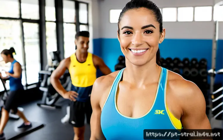 스포츠 트레이너와 사회적 이미지 구축 - Photorealistic sports trainer in a modern Brazilian fitness studio, warmly greeting diverse adult cl...