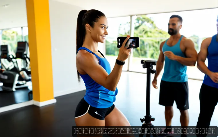 Home 17 스포츠 트레이너가 알아야 할 마케팅 스킬 - Photorealistic sports trainer in a modern Brazilian fitness studio, confidently filming a short work...
