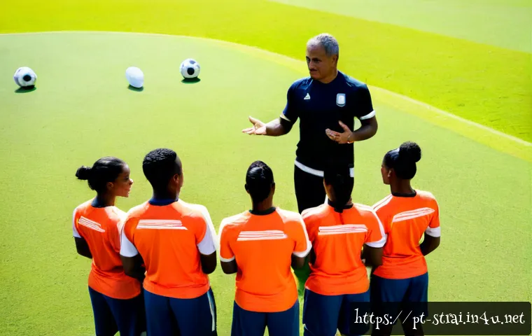 Home 17 스포츠 트레이너의 팀워크와 리더십 - Photorealistic sports trainer demonstrating leadership during a football team practice in a sunny Br...